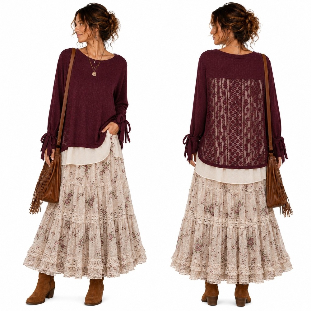 Simply Vera Romantic Boho Lace Overlay Sweater Tie Sleeve Plum Cream Womens M